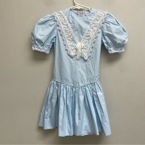 Vintage girls dress lace drop waist blue prairie made in USA size 6